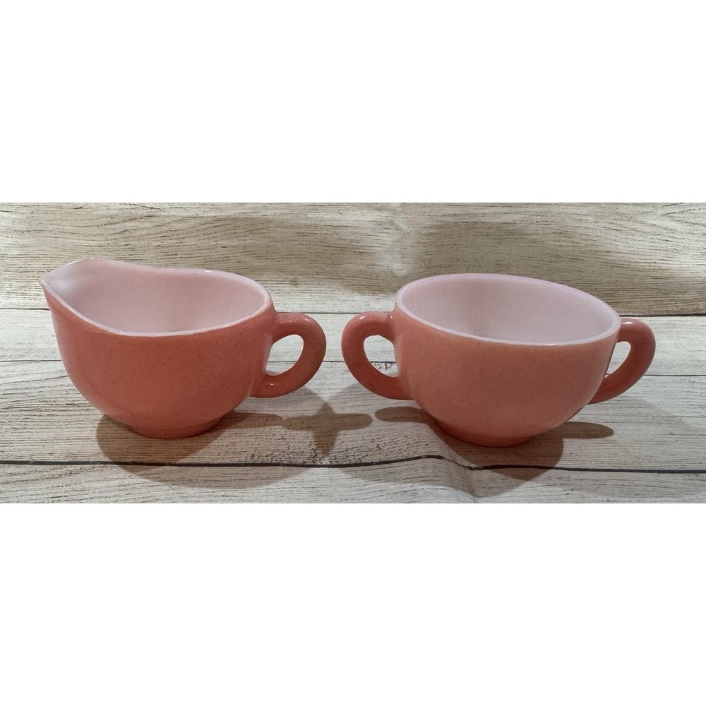 Hazel Atlas Glass PINK CRINOLINE Plain Handle Creamer Pitcher & Sugar Bowl Set